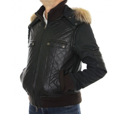 Leather  Male Jacket with Silver Fox Trimming & Detachable Hood and Sleeves. 