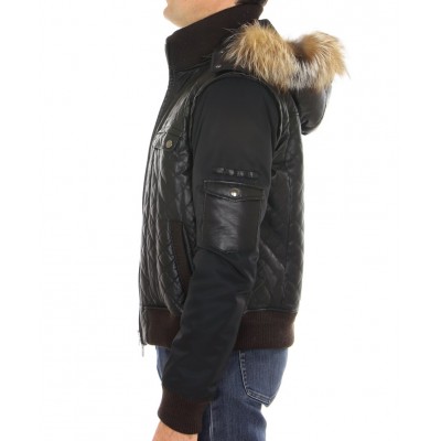 Leather  Male Jacket with Silver Fox Trimming & Detachable Hood and Sleeves. 