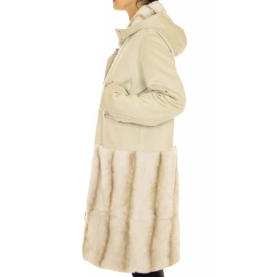 Cashmere  Coat with  Rex Rabbit on the Hood and Hem