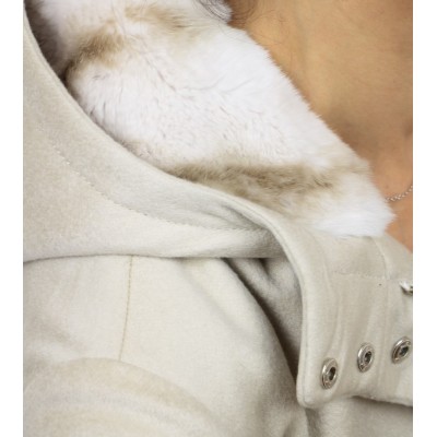 Cashmere  Coat with  Rex Rabbit on the Hood and Hem