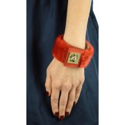 Mink & Leather Bracelet in Red with Pyramid Closure