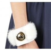 Mink & Leather Bracelet in Pearl with Round Closure. 