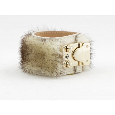 Mink & Leather Bracelet in Beige Snowtop with Bag Lock Closure