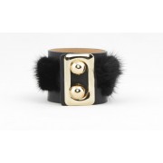 Mink & Leather Bracelet in Black with 2 Round Buttons
