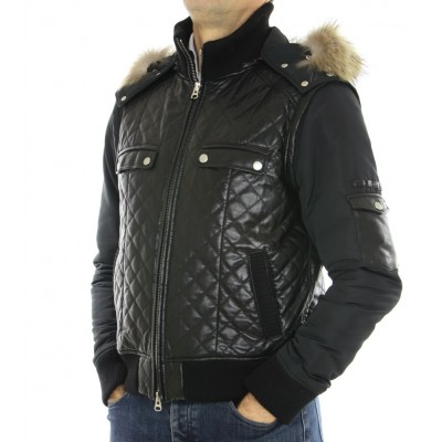 Leather Male Jacket with Chinese Raccoon Trimming & Detachable Hood and Sleeves. 