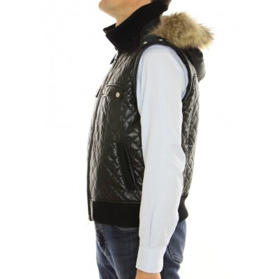 Leather Male Jacket with Chinese Raccoon Trimming & Detachable Hood and Sleeves. 