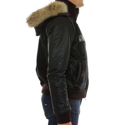 Calf Male Jacket with Chinese Raccoon Trimming & Detachable Hood and Leather Sleeves. 