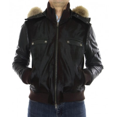 Calf Male Jacket with Chinese Raccoon Trimming & Detachable Hood and Leather Sleeves. 