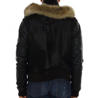 Calf Male Jacket with Chinese Raccoon Trimming & Detachable Hood and Leather Sleeves. 