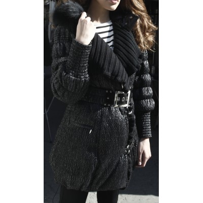 Down Jacket with Detachable Fox On Hood & knitted on Front