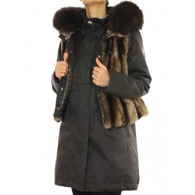 Coat with Detachable Inner Textile Vest & Detachable Outer Rex Rabbit Vest With Detachable Chinese Raccoon on Hood.