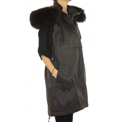 Coat with Detachable Inner Textile Vest & Detachable Outer Rex Rabbit Vest With Detachable Chinese Raccoon on Hood.