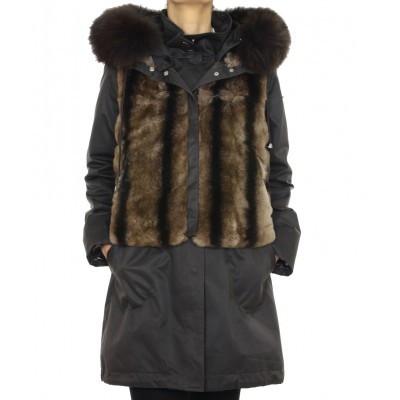 Coat with Detachable Inner Textile Vest & Detachable Outer Rex Rabbit Vest With Detachable Chinese Raccoon on Hood.