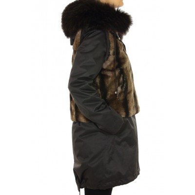 Coat with Detachable Inner Textile Vest & Detachable Outer Rex Rabbit Vest With Detachable Chinese Raccoon on Hood.