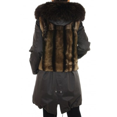 Coat with Detachable Inner Textile Vest & Detachable Outer Rex Rabbit Vest With Detachable Chinese Raccoon on Hood.