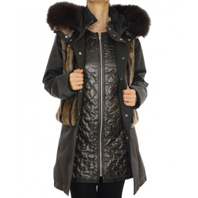 Coat with Detachable Inner Textile Vest & Detachable Outer Rex Rabbit Vest With Detachable Chinese Raccoon on Hood.