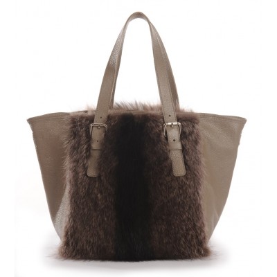 American Raccoon Fur Tote Bag with Leather (Vicky)
