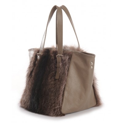 American Raccoon Fur Tote Bag with Leather (Vicky)