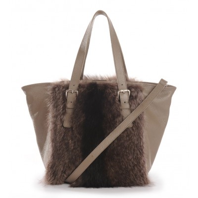 American Raccoon Fur Tote Bag with Leather (Vicky)