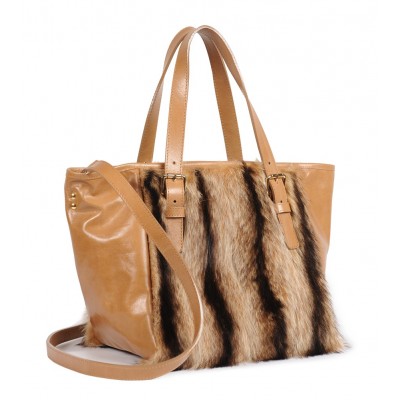 ERA Vicky American Raccoon Fur and Real Leather Tote Bag