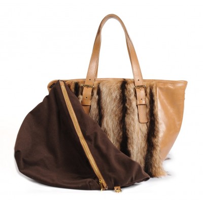 ERA Vicky American Raccoon Fur and Real Leather Tote Bag