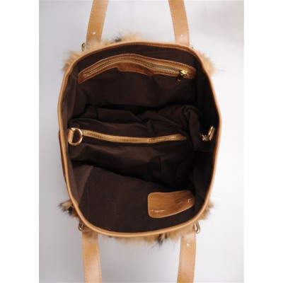 ERA Vicky American Raccoon Fur and Real Leather Tote Bag