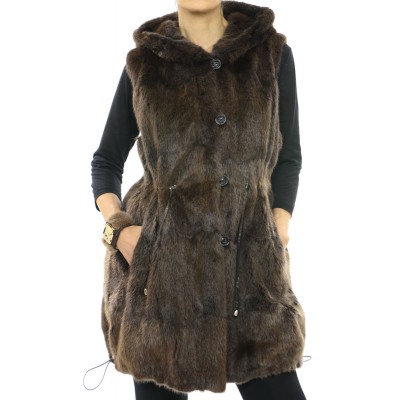 Muskrat Fur - Polyester Reversible Vest  with Hood