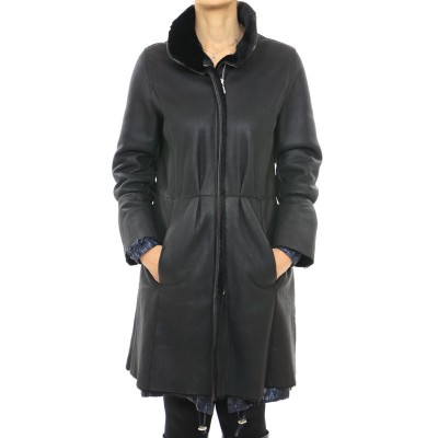 Mutton Coat with Poly Details in Black Napa