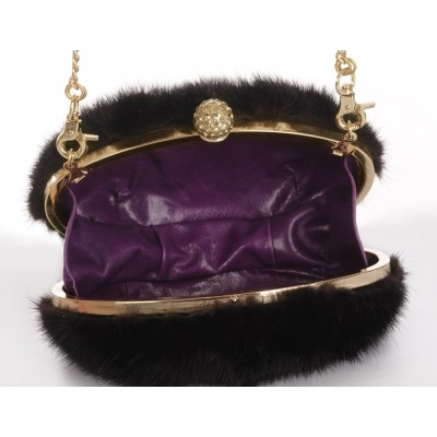 Mink Clutch with Detachable Metal Shoulder Strap & Light Gold Closure with Crystals