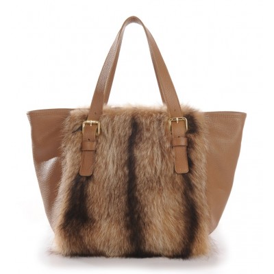 American Raccoon Fur Tote Bag with Leather (Vicky)