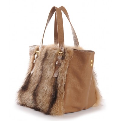 American Raccoon Fur Tote Bag with Leather (Vicky)