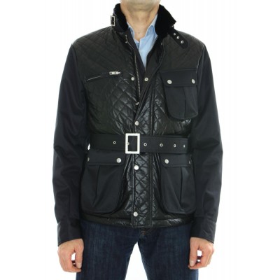 Skiver Male Leather Jacket Combined With Polyester Textile  & Detachable Mink Collar    